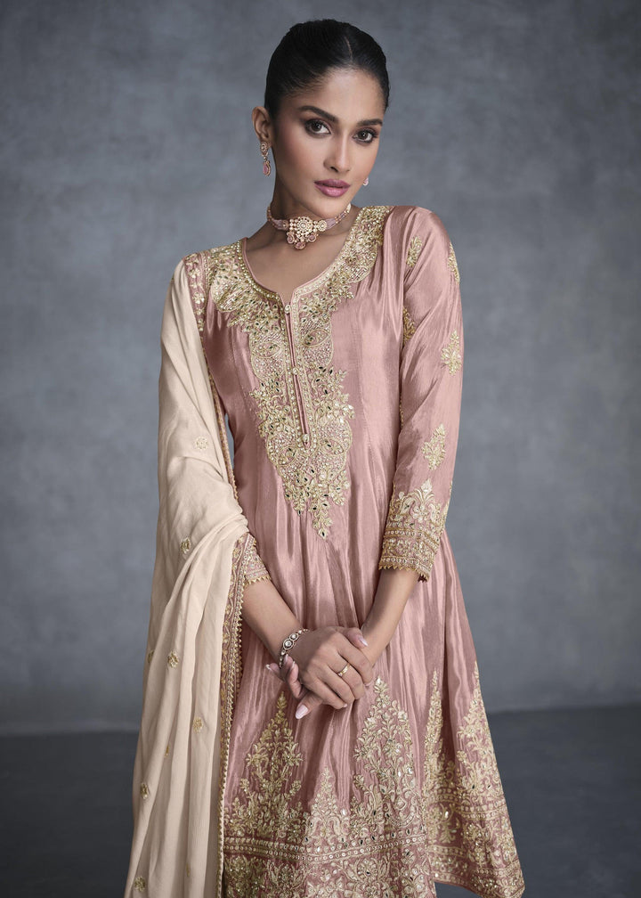 Peach Organza Silk Ethnic Pants Kurta Suit For Wedding Ceremony - Fashion Nation