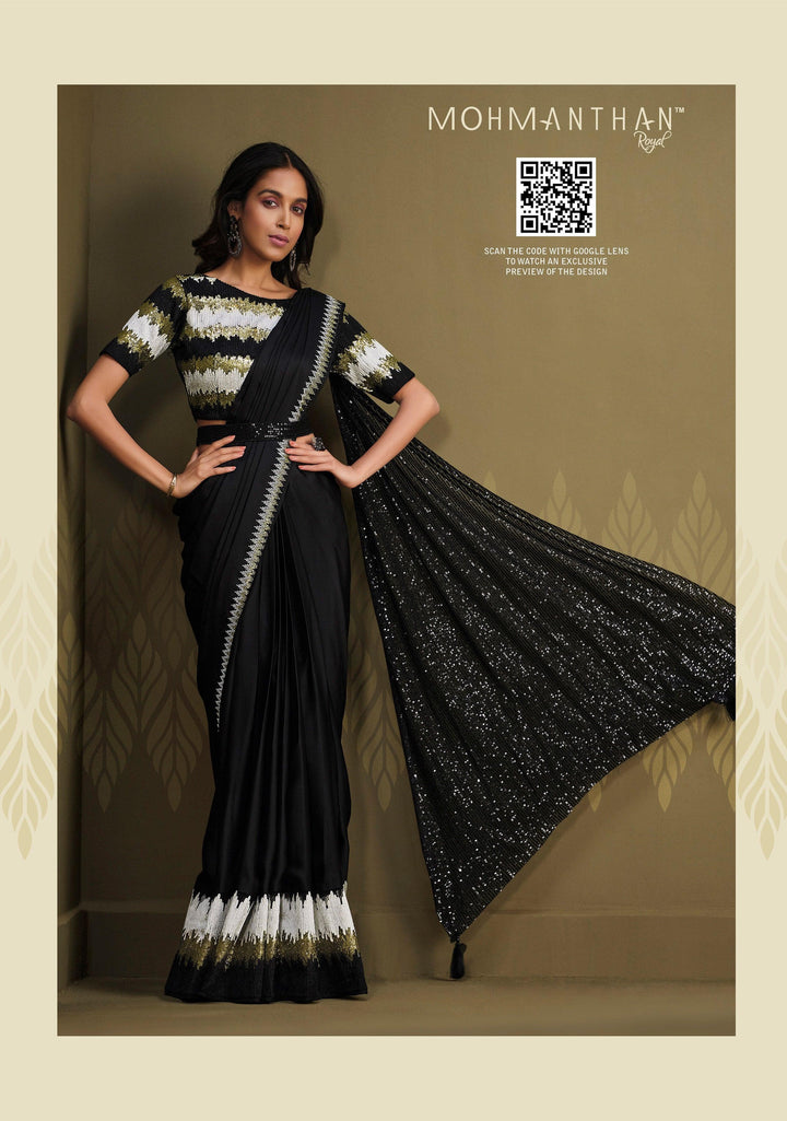 Partywear Black Crepe Silk Fusion Saree with Belt - Fashion Nation