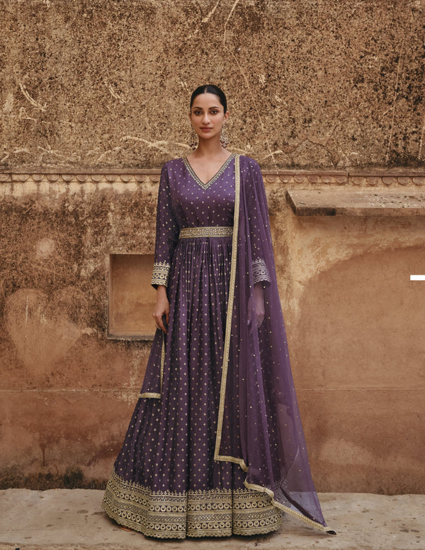 Indo Western Evening Wear Purple Silk Anarkali Gown - Fashion Nation