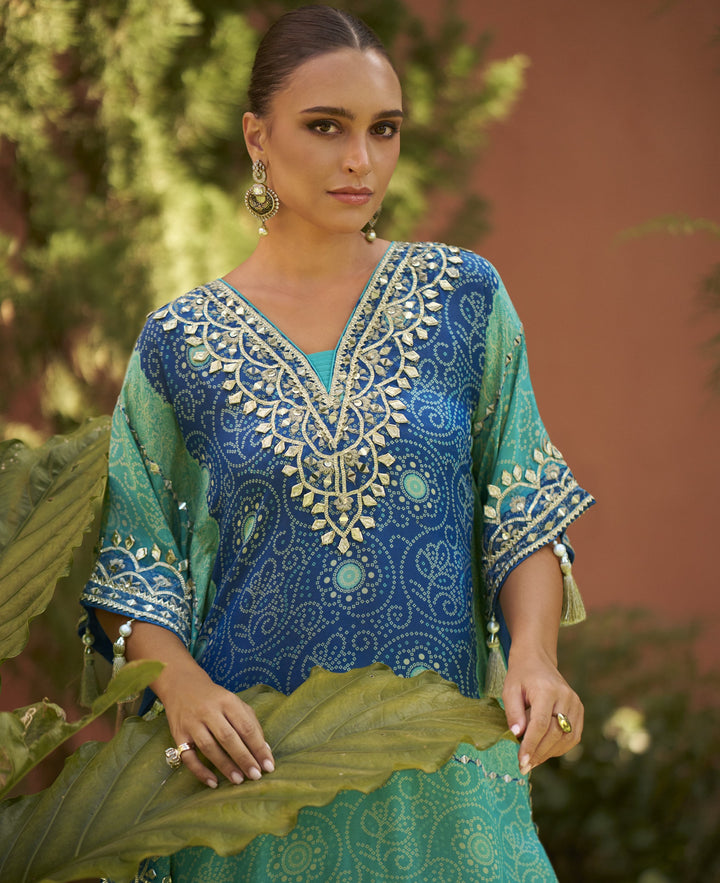 jaipuri print all occasions wear asymmetric shaded kaftan and gharara