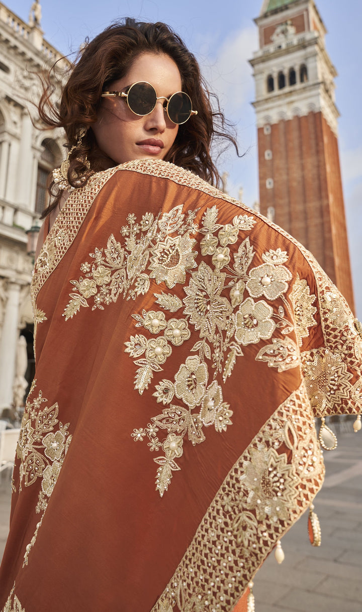 moti and stones embroidered asymmetric kaftan with embellishments