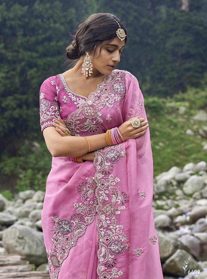 reception party wear pink silk ethnic sari