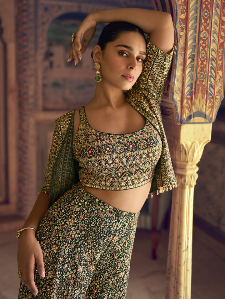 crop top palazzo jacket suit in green. ideal partywear for indian marriages