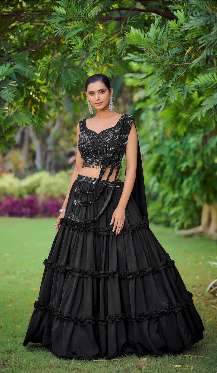 Cocktail Wear Black Silk Tiered Skirt & Crop Top - Fashion Nation