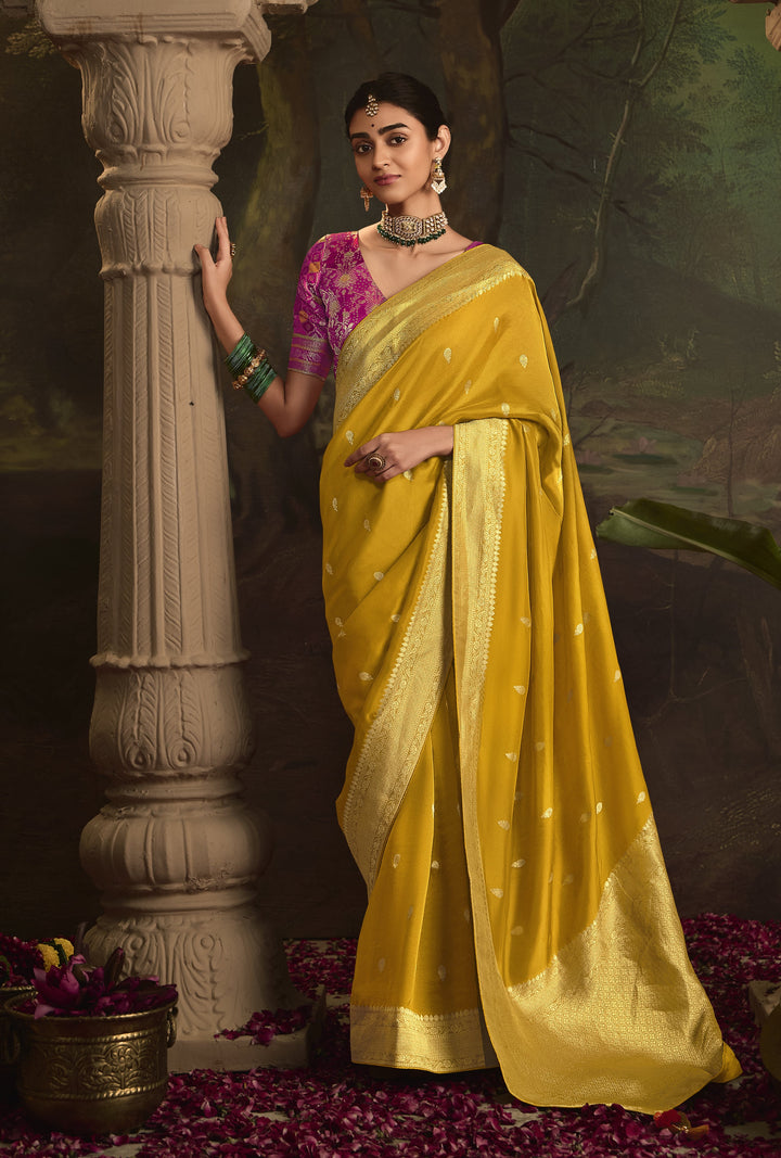 shaadi wear ethnic weaving sari in yellow