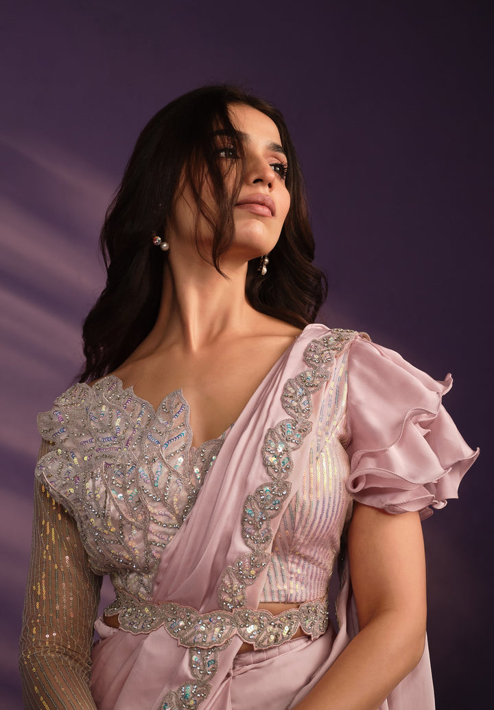 cocktail party wear pink satin sequined ready to wear saree and patterned net blouse