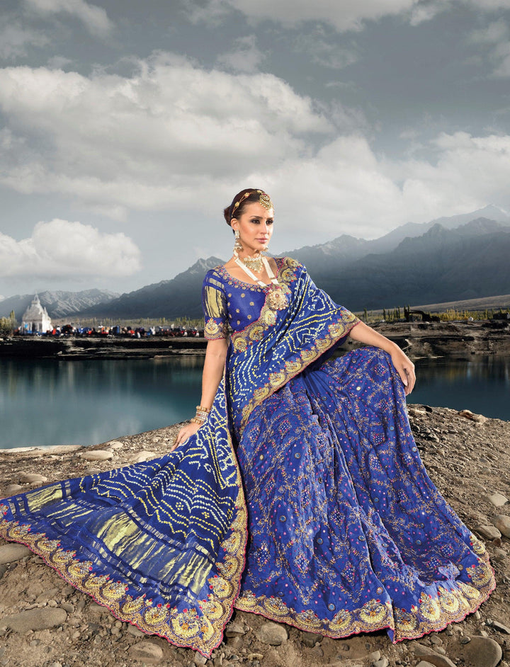 Wedding Special Blue Rajasthani Gajji Silk Kutchi Embroider Sari - Fashion Nation