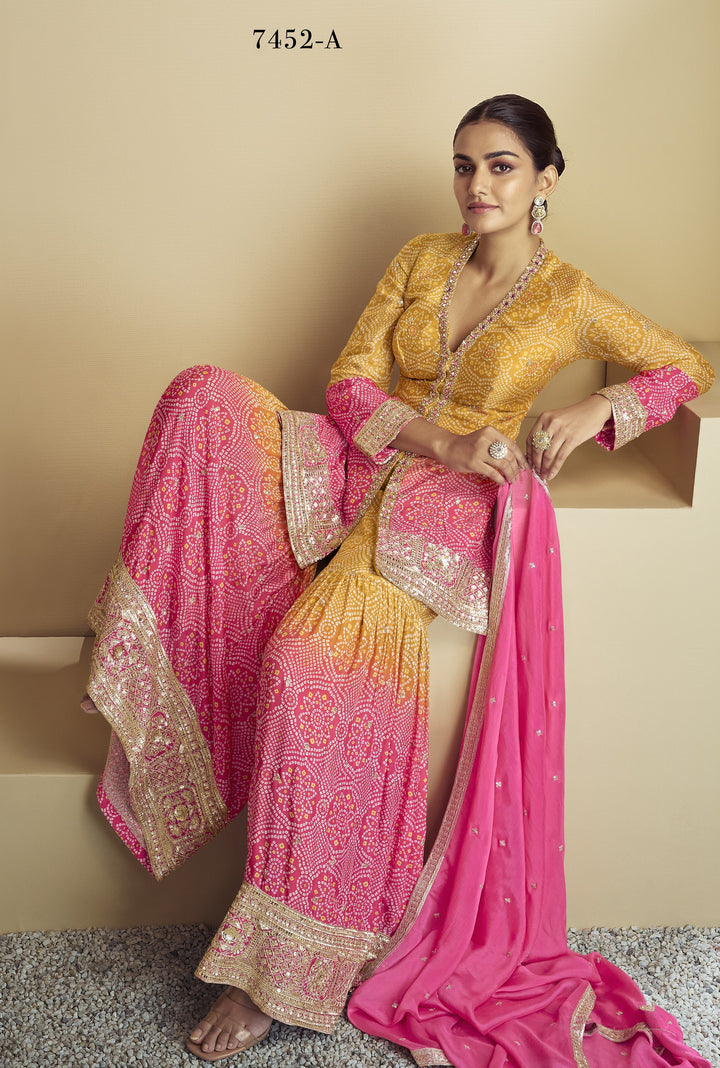 bandhej silk gharara suit