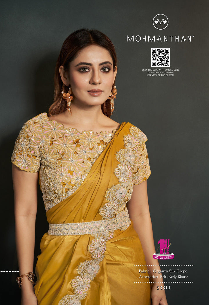 Haldi Wear Organza Crepe Yellow Sari with Belt - Fashion Nation