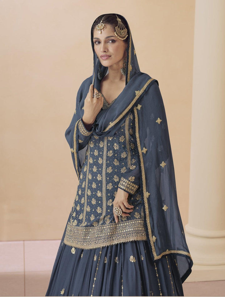 Festive Blue Georgette Traditional Lehenga Top Set - Fashion Nation