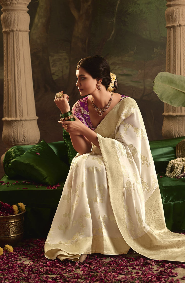 celebration wear classy silk saree in off-white