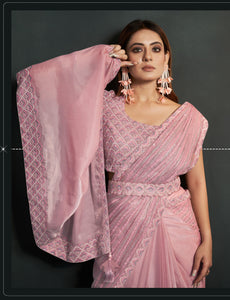 Marriage Wear Peach Crepe Fusion Saree with Belt