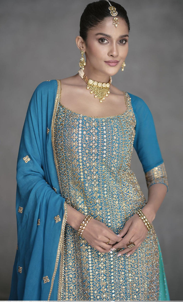 Indian Wear Blue Georgette Sharara Suit | Engagement Special - Fashion Nation