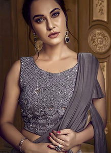 Glamorous Indo Western TH071 Designer Cocktail Wear Grey Silk Lehenga Style Gown - Fashion Nation