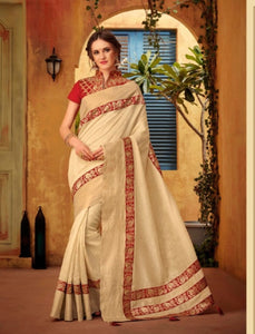 Royal CL10425 Dainty Cream Cotton Red Silk Saree - Fashion Nation