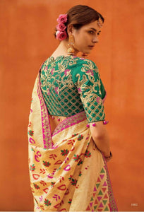 Special KIM1082 Bridal Cream Green Banarasi Silk Saree - Fashion Nation