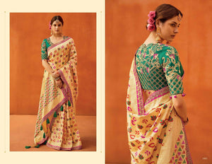 Special KIM1082 Bridal Cream Green Banarasi Silk Saree - Fashion Nation