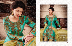 Stylish NAK11049 PartyWear Yellow Blue Banarasi Silk Jacket Style Anarkali - Fashion Nation
