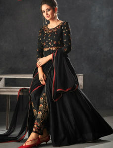 Partywear Indo Western K12065 Black Raw Silk Anarkali with Pants - Fashion Nation