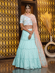 Occasion Wear Sky Blue Cotton Designer Lehenga Choli by Fashion Nation