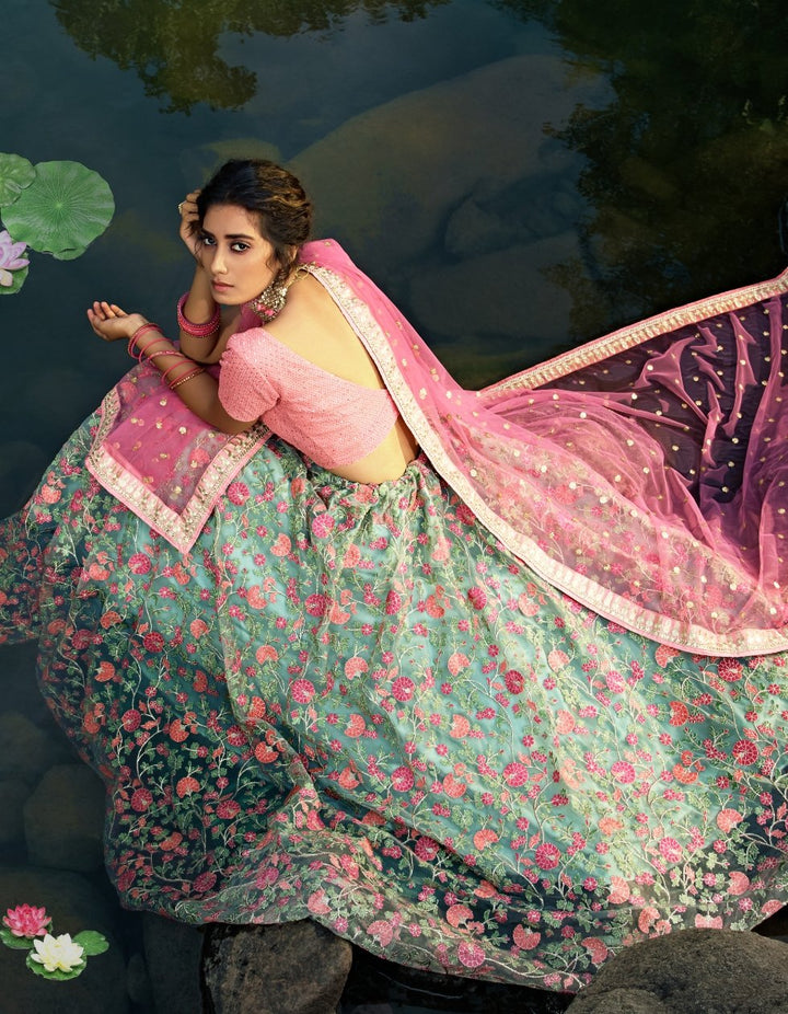 Indian Attire AD3603 Designer Green Pink Net Lehenga Choli - Fashion Nation