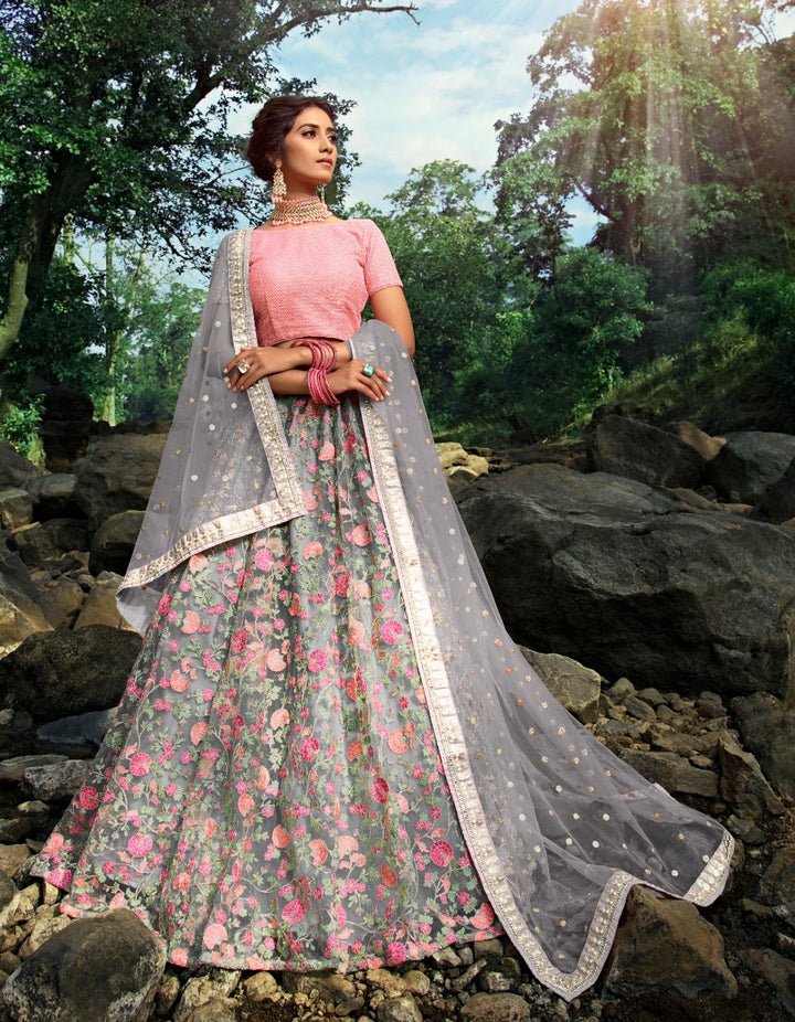 Indian Attire AD3604 Designer Grey Pink Net Lehenga Choli - Fashion Nation