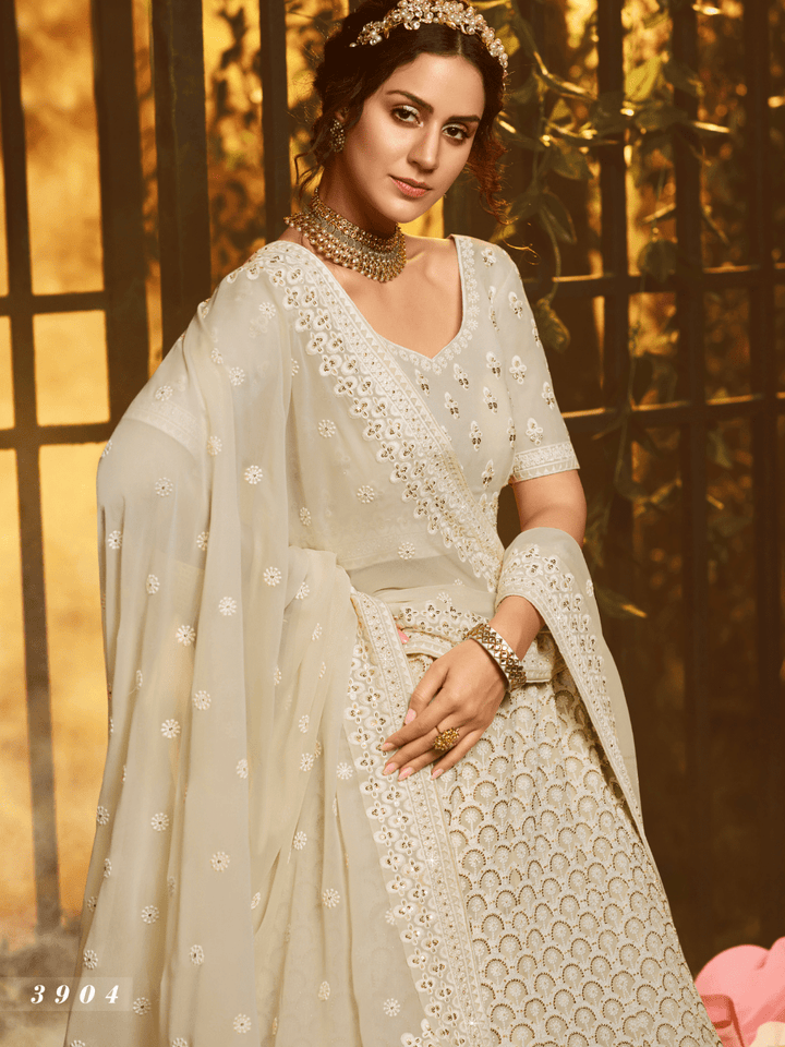 Dainty White Georgette Lucknowi Lehenga Choli - Fashion Nation