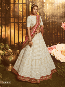 Royal White Georgette Lucknowi Lehenga Choli by Fashion Nation