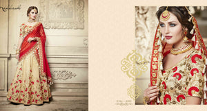Finest NAK4085 Designer Nakkashi Red Chiffon Beige Handloom Silk Lehenga Saree - Fashion Nation