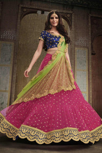 Traditional NAK4110 Bridal Navy Blue Pink Liril Green Net Silk Lehenga Choli - Fashion Nation