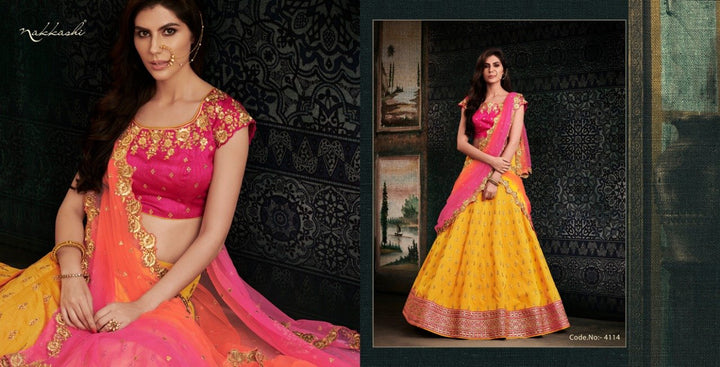 Colourful NAK4114 Bridal Shaded Pink Peach Yellow Handloom Silk Net Lehenga Choli - Fashion Nation