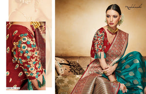 Nakkashi NAK4135 Designer Rama Green Red Silk Jacquard Saree - Fashion Nation