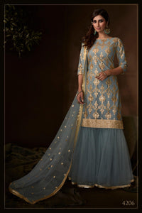 Mehndi Function Special Grey Net Fashionable Sharara Suit - Fashion Nation