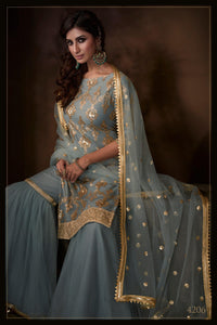 Mehndi Function Special Grey Net Fashionable Sharara Suit at Cheapest Prices