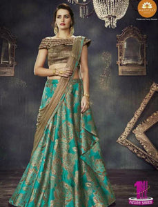 Indo Western MOH4709 Party Wear Turquoise Blue Beige Silk Lycra Saree Gown - Fashion Nation