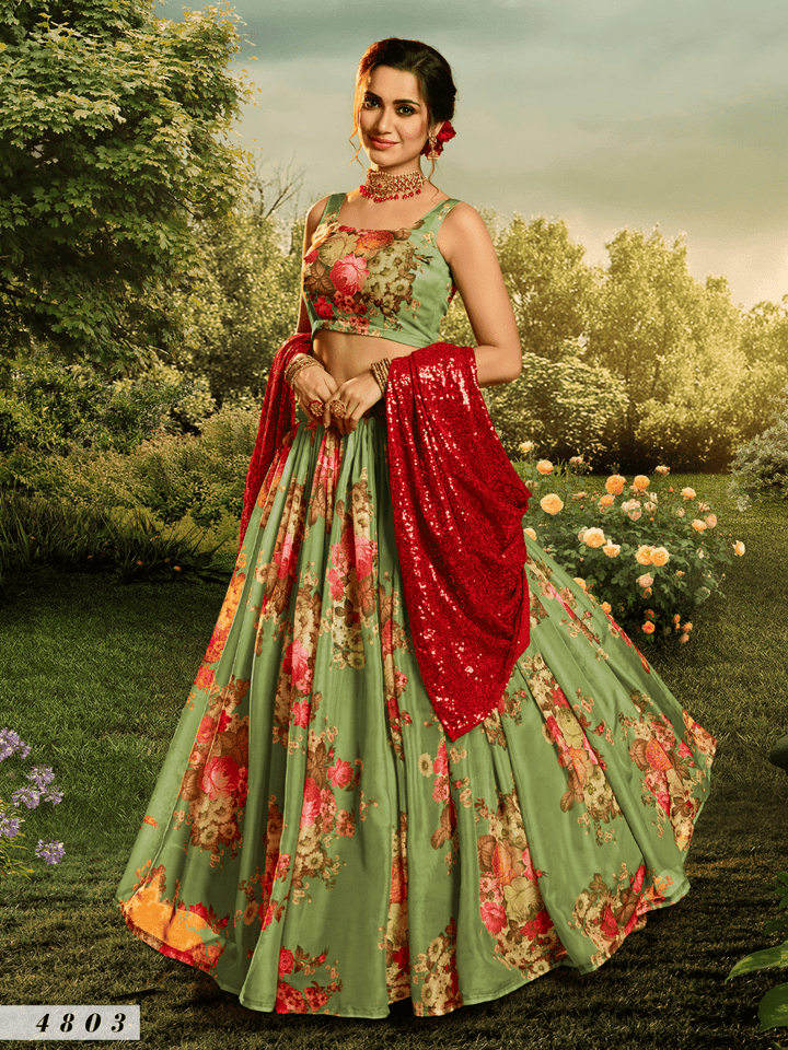 Celebrations Special Green Multicoloured Organza Floral Party Lehenga - Fashion Nation
