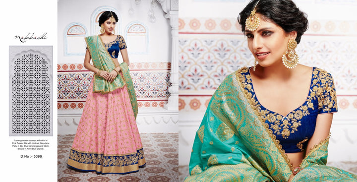 Handpicked NAK5096 Bridal Pink Tussar Silk Blue Benarasi Silk Jacquard Lehenga Choli - Fashion Nation