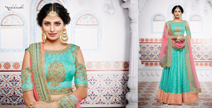 Embroidered NAK5099 Bridal Peach Rama Green Net Silk Lehenga Choli - Fashion Nation