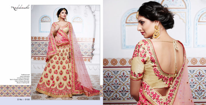 Fashionable NAK5100 Bridal Beige Pink Handloom Silk Net Lehenga Choli - Fashion Nation