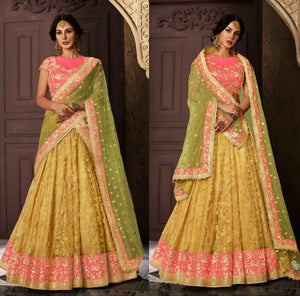 Great NAK5112 Bridal Liril Green Pink Yellow Net Silk Lehenga Choli - Fashion Nation