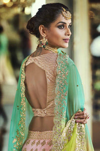 Stunning Nakkashi NAK5132 Bridal Pink Satin Silk Shaded Green Blue Net Lehenga Choli - Fashion Nation
