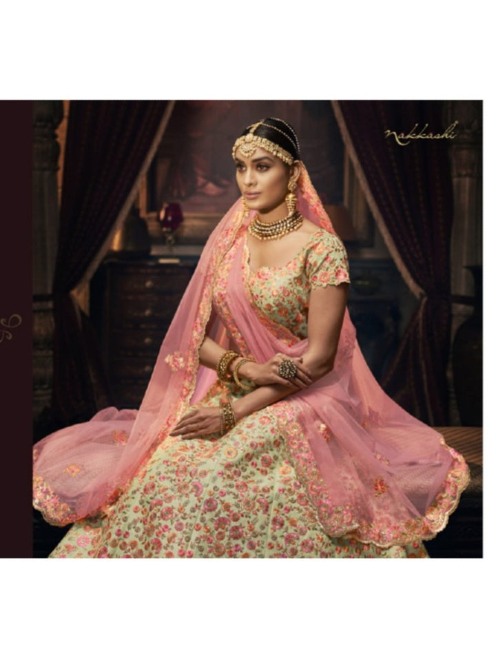 Designer Nakkashi NAK5152 Bridal Peach Net Pista Green Handloom Silk Lehenga Choli - Fashion Nation