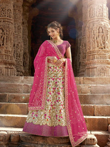 Handcrafted Nakkashi NAK5165 Bridal Beige Multicoloured Handloom Silk Lehenga Choli - Fashion Nation