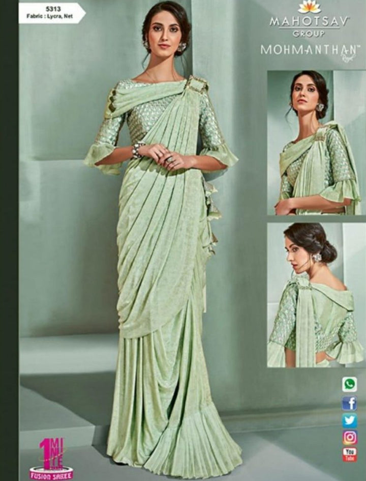 Dainty MOH5313 Cocktail Wear Green Lycra Net Silk Indo Western Saree - Fashion Nation