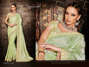 Nakkashi NAK4132 Handpicked Pista Green Muslin Satin Silk Jacquard Saree - Fashion Nation
