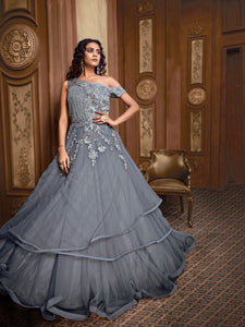 Celestial Indo Western TH89662 Cocktail Wear Grey Silk Net Layered Gown - Fashion Nation