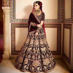 Designer Bridal JNB1 Wedding Wear Maroon Velvet Georgette Lehenga Choli - Fashion Nation