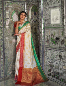 Classic RK58698 Weaving White Red Handloom Silk Saree - Fashion Nation