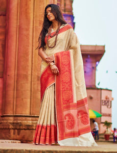 Superb RK65819 Weaving Beige Silk Jacquard Saree - Fashion Nation