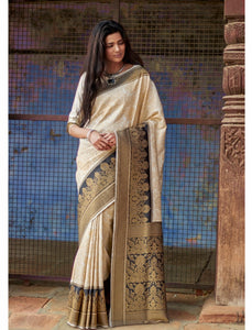 Elegant RK65822 Weaving Off-White Silk Jacquard Saree - Fashion Nation